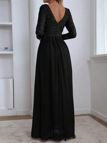 Women's Elegant Contrast Sequin Long Evening Dress, Formal Cocktail Party Gown, Wedding Guest Dress, Prom Dress - Black - View 2