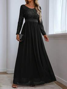 Women's Elegant Contrast Sequin Long Evening Dress, Formal Cocktail Party Gown, Wedding Guest Dress, Prom Dress - Black - View 5