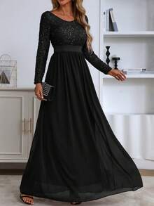 Women's Elegant Contrast Sequin Long Evening Dress, Formal Cocktail Party Gown, Wedding Guest Dress, Prom Dress - Black - View 4