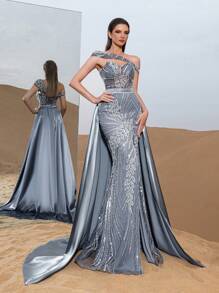 Faeriesty Haute Glamour Luxury Asymmetrical Neck Lace-Up Back Mermaid Hem Beaded Floral Formal Dresses & Evening Gowns - Dusty Blue - View 6