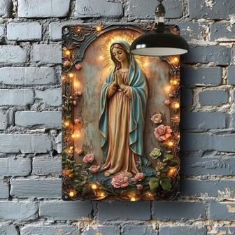 Vintage Virgin Mary With Floral Metal Sign - Religious Art Decor For Home, Garage Or Club - Durable 8x12 Inch Metal Wall Art, Easy To Install, Perfect Room Decoration