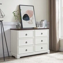 Modern Farmhouse 6-Drawer Chest Of Drawers For Bedroom, Wooden Bedroom Drawer Dresser With 6 Storage Drawers,6 Drawer Dresser Chests For Bedroom White