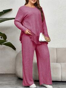 Women Plus Size 2 Piece Outfits Irregular Tassel Long Sleeves Shirt And Elastic Wide Leg Pants Set Streetwear