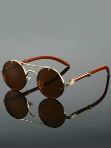 1Pc Women Round Fashion Glasses Stylish Double Bridges Metal Frame Green Glasses Chic Imitation Wood Grain Leg Design Novel Shape Gradient Color Eyeglasses For Daily Use Beach Party Fashion Glasses For Women,Shades For Ladies,Fall Winter Outfits,Beach Accessories,Vintage Retro Y2k Basics Eyeglasses,Business Casual Gifts,Perfect For Everyday Wear,Seaside,Beach,Vacation,Walking,Shopping,Driving,Street Photos For Summer Beach Vacation,Outdoor,Travel