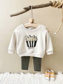 2 件套幼儿男孩/女孩米色休闲薯条刺绣长袖 T 恤 + 长裤，春秋