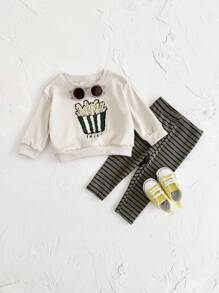 2 件套幼儿男孩/女孩米色休闲薯条刺绣长袖 T 恤 + 长裤，春秋