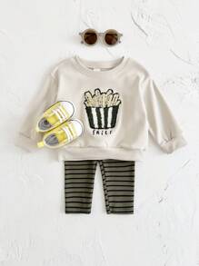 2 件套幼儿男孩/女孩米色休闲薯条刺绣长袖 T 恤 + 长裤，春秋