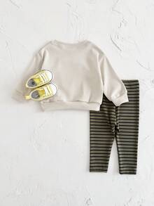 2 件套幼儿男孩/女孩米色休闲薯条刺绣长袖 T 恤 + 长裤，春秋