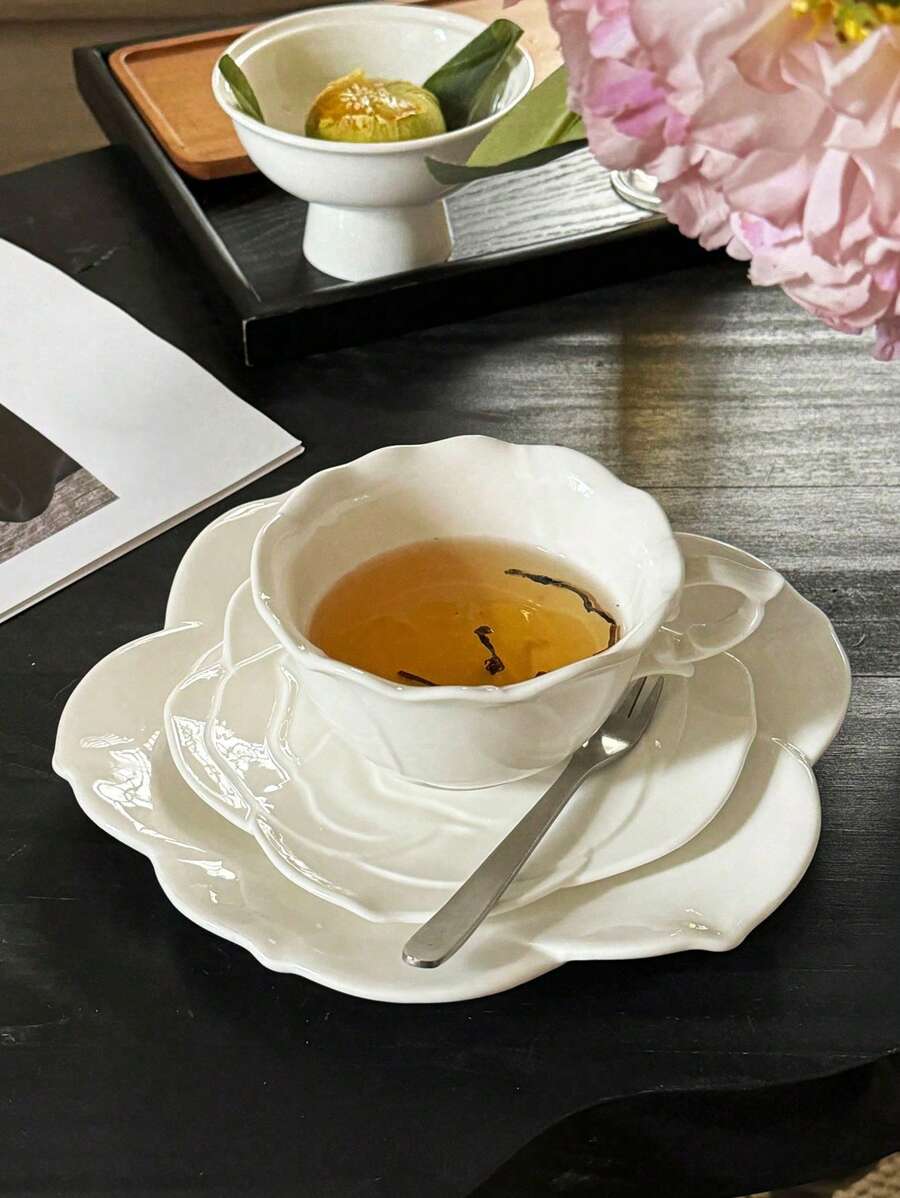 1 件纯白色法式复古陶瓷咖啡杯和碟，简约 3D 玫瑰设计优雅马克杯、花茶杯盘，可用作珠宝托盘或小吃盘 - 彩色 - 查看 1