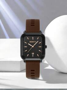 1pc Rebirth Brand Women Silicone Strap Quartz Watch With Simple Fashion Calendar, Suitable For Daily Decoration - Coffee Brown - View 4