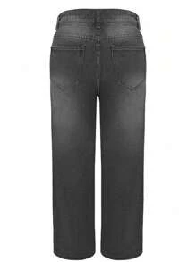 Dark Grey Straight Fit Denim Jeans With Decorative Front Buttons, High Waist And Vintage Casual Style