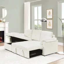 Corduroy Tufted Upholstered Sleeper Sectional Sofa L-Shaped Modular Convertible Sofa With Storage Chaise Pull Out Sleep Couch Bed And Reclining Backrest Perfect For Living Space Beige