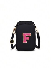 Bolso bandolera que se puede personalizar con su propio nombre, número de la suerte, letra y texto, con 26 parches de letras para DIY, un bolso clásico y versátil que se vende a gran escala, con un diseño de cremallera de tres capas que puede contener teléfonos móviles, monedas, etc., bolso bandolera de moda casual PC apto para chicas, viajes, vuelta al colegio, regalos, con bolsillo vertical para teléfono móvil y monedas - Cremallera negra de tres capas + 5,5 letras rojas rosas - Ver 13
