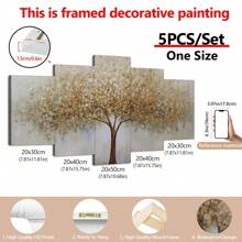 Conjunto de 5 peças de arte de parede em tela com moldura da Árvore da Vida e folha dourada - Pôsteres de paisagem de decoração de arte moderna impressos em tela, arte texturizada com moldura de madeira para sala de estar, quarto, banheiro, sala de jantar - Impressões de arte para interiores para pôsteres de estética de fazenda e casa, arte de parede, decoração de quarto, presentes, aniversário, formatura
