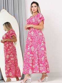 WOMEN'S LONG MIDI DRESS WITH PUFFED SLEEVES AND RUFFLES, OFF-THE-SHOULDER, TRES MARIAS - Hot Pink - View 1