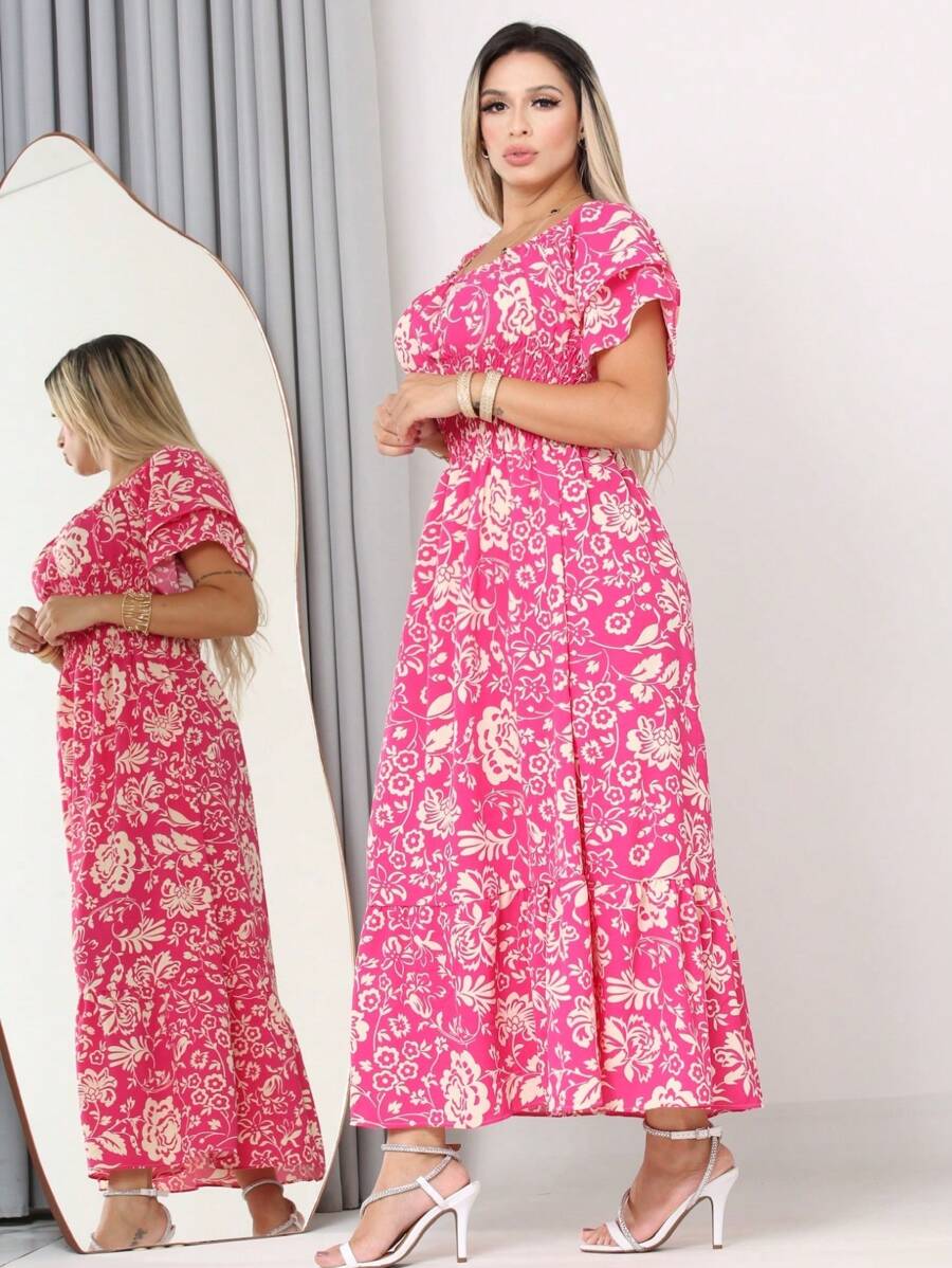WOMEN'S LONG MIDI DRESS WITH PUFFED SLEEVES AND RUFFLES, OFF-THE-SHOULDER, TRES MARIAS - Hot Pink - View 1