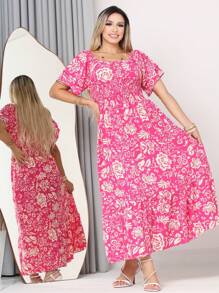 WOMEN'S LONG MIDI DRESS WITH PUFFED SLEEVES AND RUFFLES, OFF-THE-SHOULDER, TRES MARIAS - Hot Pink - View 3