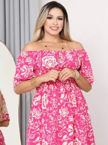 WOMEN'S LONG MIDI DRESS WITH PUFFED SLEEVES AND RUFFLES, OFF-THE-SHOULDER, TRES MARIAS - Hot Pink - View 5