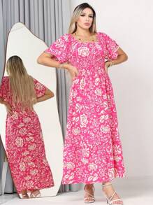 WOMEN'S LONG MIDI DRESS WITH PUFFED SLEEVES AND RUFFLES, OFF-THE-SHOULDER, TRES MARIAS - Hot Pink - View 4