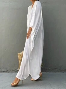 Elegancka sukienka w jednolitym kolorze - rękawy typu dolman, luźny krój, szlafrok damski | Idealny na wiosnę/lato/jesień, skromny