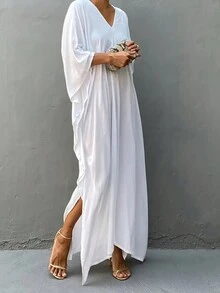 Elegancka sukienka w jednolitym kolorze - rękawy typu dolman, luźny krój, szlafrok damski | Idealny na wiosnę/lato/jesień, skromny