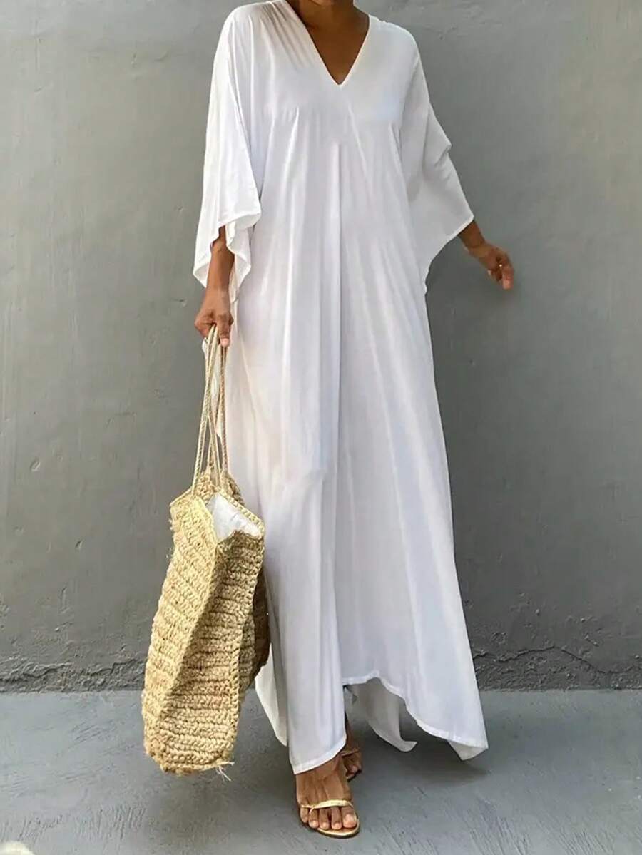 Elegancka sukienka w jednolitym kolorze - rękawy typu dolman, luźny krój, szlafrok damski | Idealny na wiosnę/lato/jesień, skromny