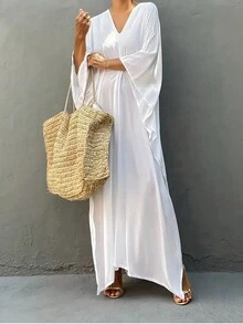 Elegancka sukienka w jednolitym kolorze - rękawy typu dolman, luźny krój, szlafrok damski | Idealny na wiosnę/lato/jesień, skromny