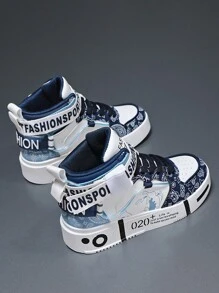 Teenager High-Top Casual Skateboard Sneakers, Fashion Sports Shoes - Blue and White - View 5