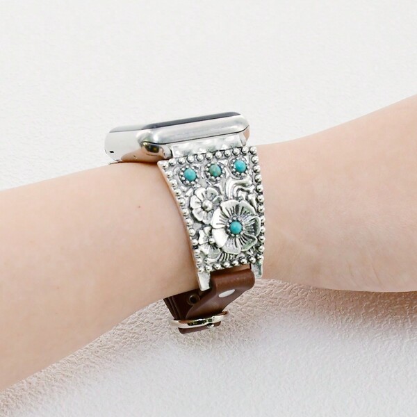 1pc Retro Turquoise Leather Metal Watch Strap Compatible With Apple Watch Strap Series Ultra 2 SE 10 9 8 7 6 5 4 3 2 1 Silver Floral Bracelet Watch Band Compatible With Apple Watch Band 38mm 40mm 41mm 42mm 44mm 45mm 46mm 49mm