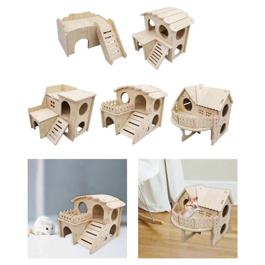 1 buah Kandang Hamster Kayu dengan Ayunan dan Jungkat-jungkit, Tempat Berlindung Kayu Kecil untuk Hamster, Burung Puyuh, dan Ayam - MultiWarna - View 1