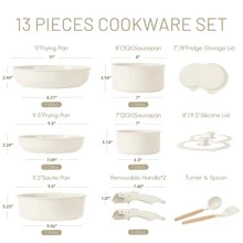 CAROTE 13pcs Ceramic Cookware Set Detachable Handle, Induction Pots And Pans Set, Taupe - White - View 2