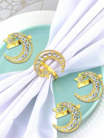 2/4/6pcs Rhinestone Moon & Star Napkin Rings, Suitable For Al-Fitr/ Al-Adha Table Decorations, Rhinestone Moon & Star Napkin Holders