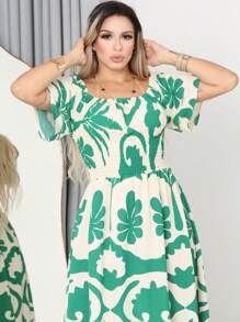 WOMEN'S LONG MIDI DRESS WITH PUFFED SLEEVES AND RUFFLES, OFF-THE-SHOULDER, TRES MARIAS - Green - View 2