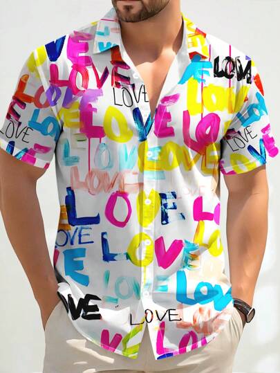 Camisa de hombre con estampado 3D de acuarela de verano con motivo LOVE