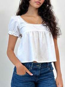 Women Short Sleeve Shirts Solid Color Square Neck Blouses Summer Fashion Casual Tops Streetwear - 白色 - 查看 3