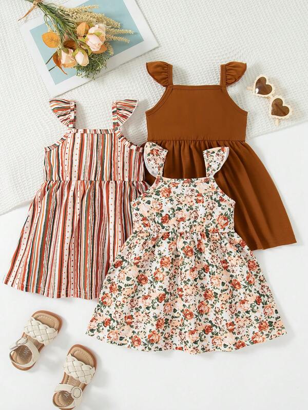 3pcs/Set Baby Girl Sleeveless Square Neck Cute Casual Dress Outfit