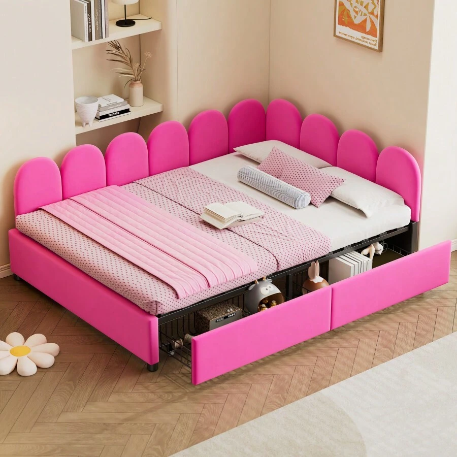 Sofá cama tapizado de tamaño completo con 2 cajones, cabecero de tela suave, sin necesidad de somier, color rojo rosa