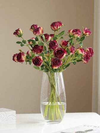 1 pieza Flores artificiales vintage de 3 ramas de rosa con borde quemado, ramo de flores secas falsas para decoración de sala de estar y mesa de comedor