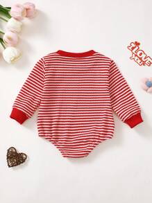Baby Girls Red Striped Heart Embroidery Bodysuit, Adorable & Interesting Bodysuit, Best Gift For Babies