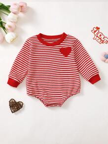 Baby Girls Red Striped Heart Embroidery Bodysuit, Adorable & Interesting Bodysuit, Best Gift For Babies