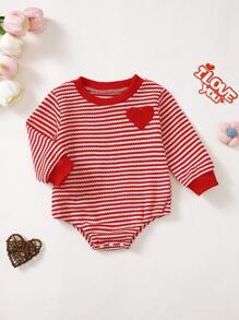 Baby Girls Red Striped Heart Embroidery Bodysuit, Adorable & Interesting Bodysuit, Best Gift For Babies