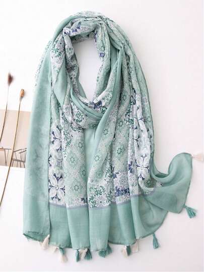 Fashionable Women's Scarf, Simple And Elegant Style Scarf, New Breathable Tassel Shawl, Vibrant Ditsy Floral Large Scarf For Spring/Summer, Versatile Headscarf, Outdoor Sun Protection Beach Wrap