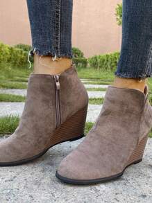 Moda Mujer Color Sólido Cremallera Lateral Tacón Cojo Botas De Fondo Grueso, Cien Aumento De Altura Moda Casual Viajes Actividades Al Aire Libre Negro - Café integral - Ver 6