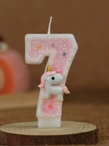 1 pieza Vela de unicornio rosa brillante con número numérico creativo [0-9] para tarta de cumpleaños, decoración de fiesta