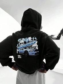 1件装青少年男童休闲印花套头卫衣，保暖内衬，长袖，秋冬季 - 专为拥有远大梦想和勇敢精神的青少年设计的传奇酷炫汽车卫衣 - 黑色 - 查看 3