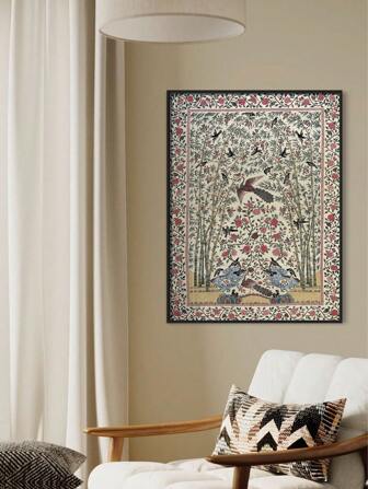 1 件莫卧儿复古帆布艺术印刷品，Palempore 纺织品设计，客厅卧室办公室装饰花卉墙壁艺术，传统东方无框帆布画