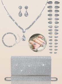 Bolso de embrague de fiesta cuadrado elegante y lujoso para mujer, bolso de fiesta de lujo y de moda con cadena de metal, kit de 24 uñas postizas elegantes y de unicolor extraíbles con brillantes, pendientes con pedrería, collar colgante y pulsera, adecuado para mujeres y niñas para banquetes, bailes, fiestas y bodas.