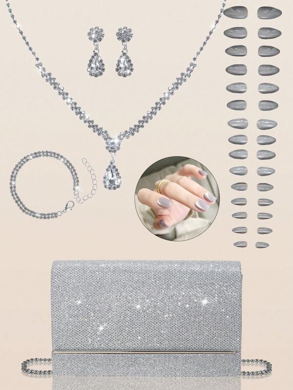 Bolso de embrague de fiesta cuadrado elegante y lujoso para mujer, bolso de fiesta de lujo y de moda con cadena de metal, kit de 24 uñas postizas elegantes y de unicolor extraíbles con brillantes, pendientes con pedrería, collar colgante y pulsera, adecuado para mujeres y niñas para banquetes, bailes, fiestas y bodas.
