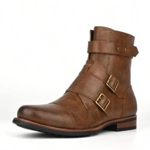 Men's Classic Motorcycle Boots With Zipper Closure And Metal Buckles - Black PU Leather, TPR Sole, And Fabric Lining - 棕色 - 查看 3