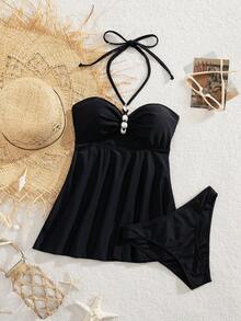 Nowy Jednokolorowy Zestaw Bikini, Stylowy Balerinkowy Dekor Sztucznych Pereł Dekoracyjnych Strojów Kąpielowych Do Fotografii Plażowej Latem